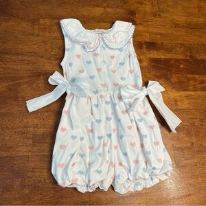 Sal & Pimenta White Ruffled balloon shorts romper pink blue hearts size 4T
